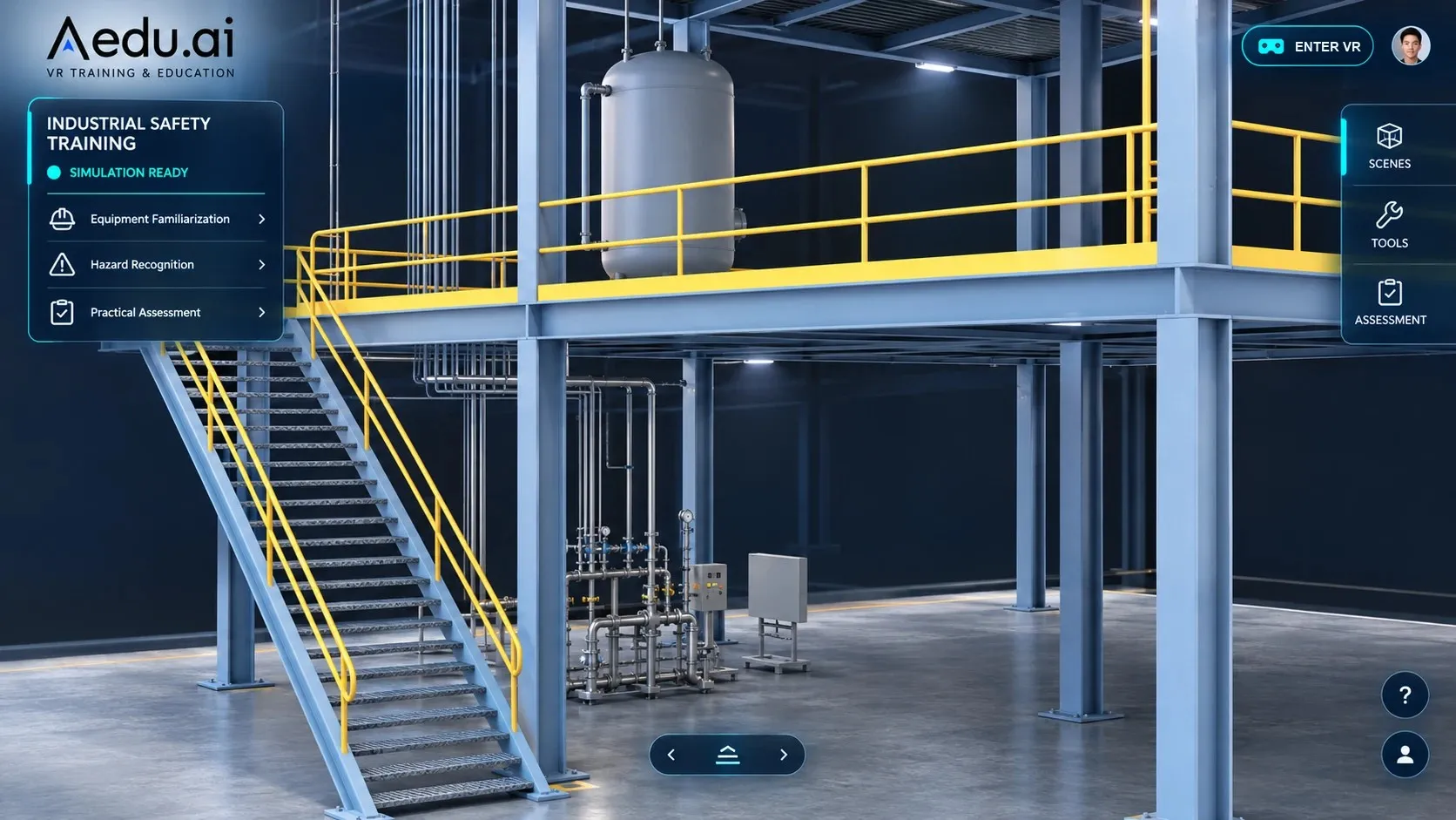AeduVerse industrial safety training: a plant mezzanine with equipment, a lesson menu and scene, tool and assessment controls