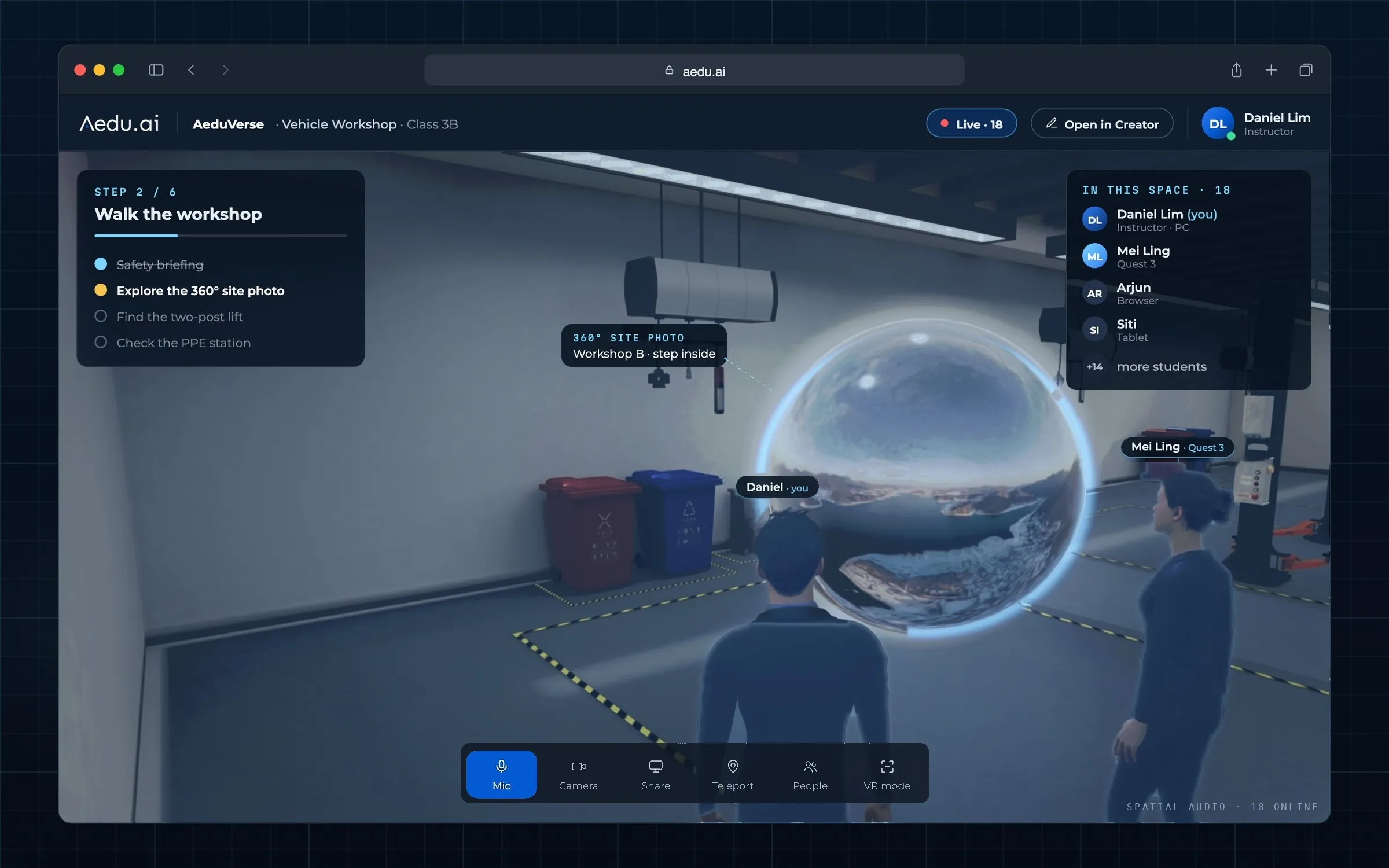 A live AeduVerse lesson in the browser: a vehicle workshop with two avatars and a 360° site photo, the step list, and 18 participants on PC, Quest 3, browser and tablet