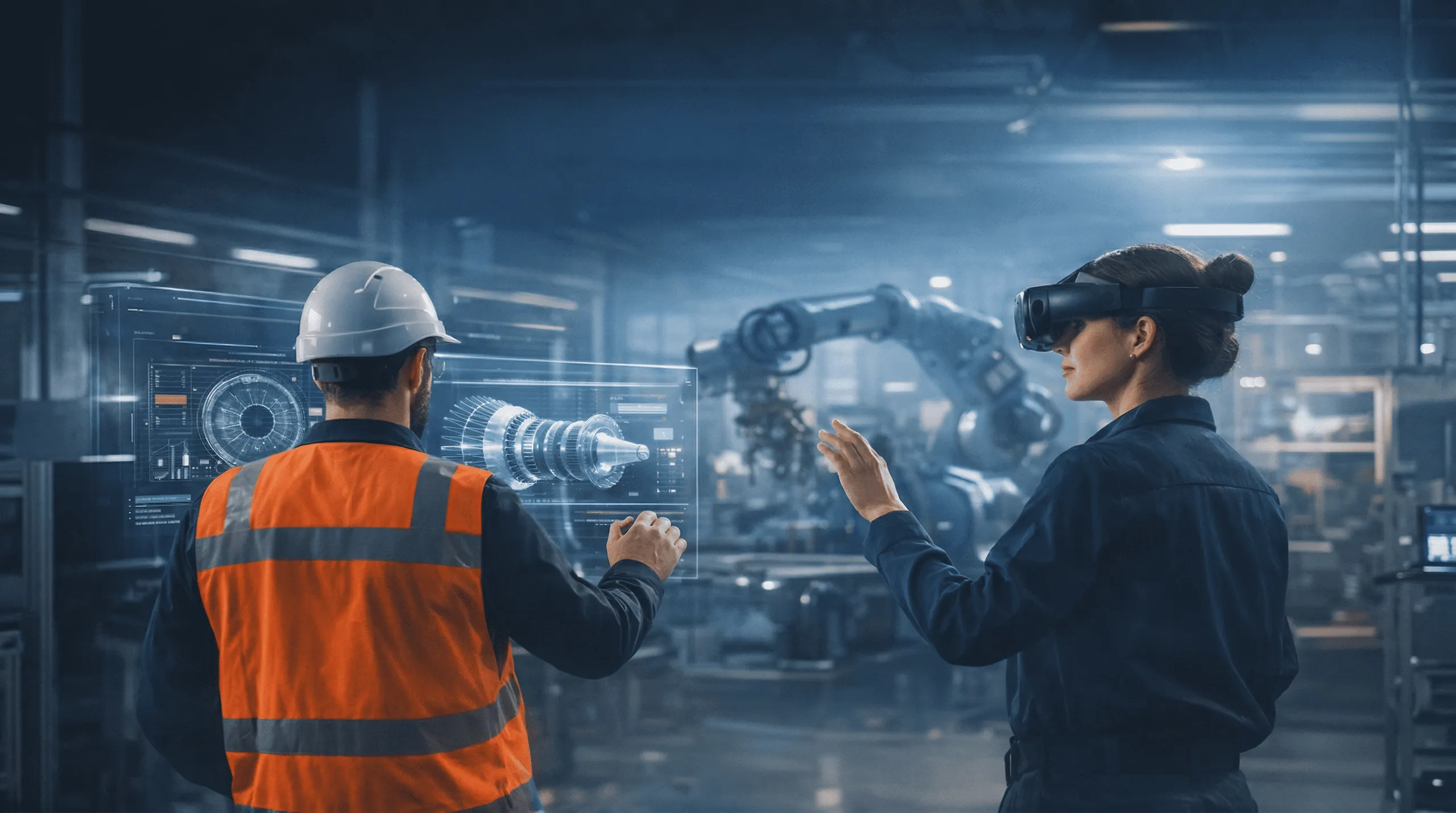 Engineer and operator working alongside an industrial robot in a VR training session