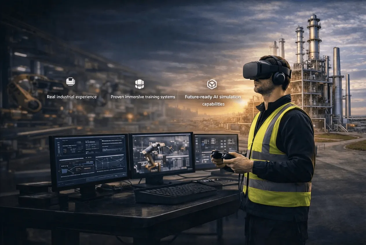 Trainee wearing a VR headset beside simulation monitors at an industrial plant