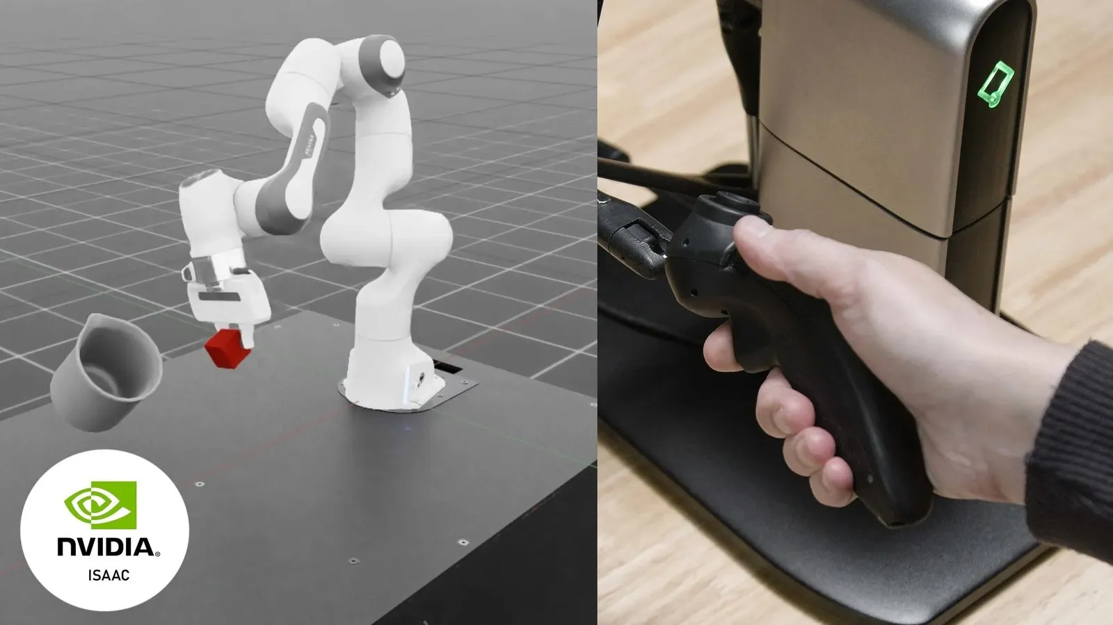 Operator moving the Inverse3 handle while a simulated robot arm in NVIDIA Isaac follows